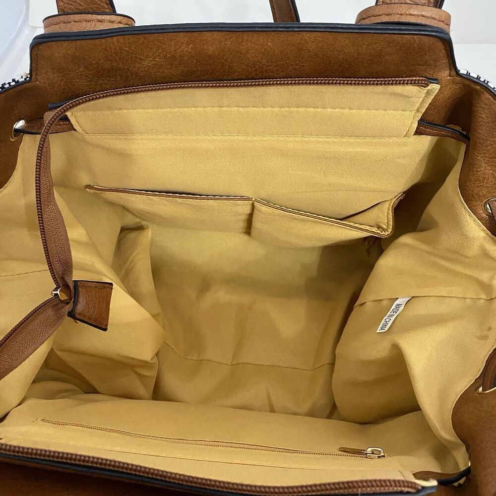 Women's Tote Bag Purse Handbag Brown Black Faux Leather - Picture 6 of 10